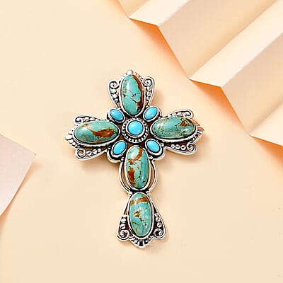 D'Joy Artisan Crafted Royston Turquoise and Sleeping Beauty Turquoise 18.10 ctw Filigree Cross Pendant in Black Oxidized Sterling Silver