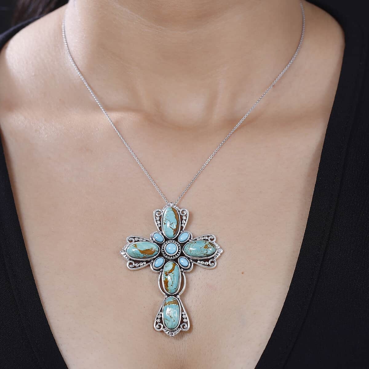 Artisan Crafted Royston Turquoise and Lagoon Turquoise 18.10 ctw Filigree Cross Pendant in Black Oxidized Sterling Silver image number 2