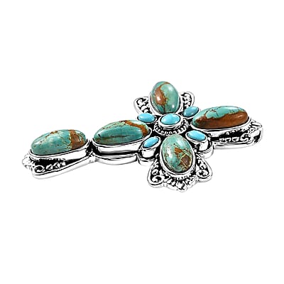 D'Joy Artisan Crafted Royston Turquoise and Sleeping Beauty Turquoise 18.10 ctw Filigree Cross Pendant in Black Oxidized Sterling Silver