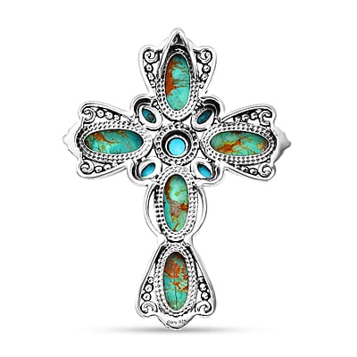 D'Joy Artisan Crafted Royston Turquoise and Sleeping Beauty Turquoise 18.10 ctw Filigree Cross Pendant in Black Oxidized Sterling Silver