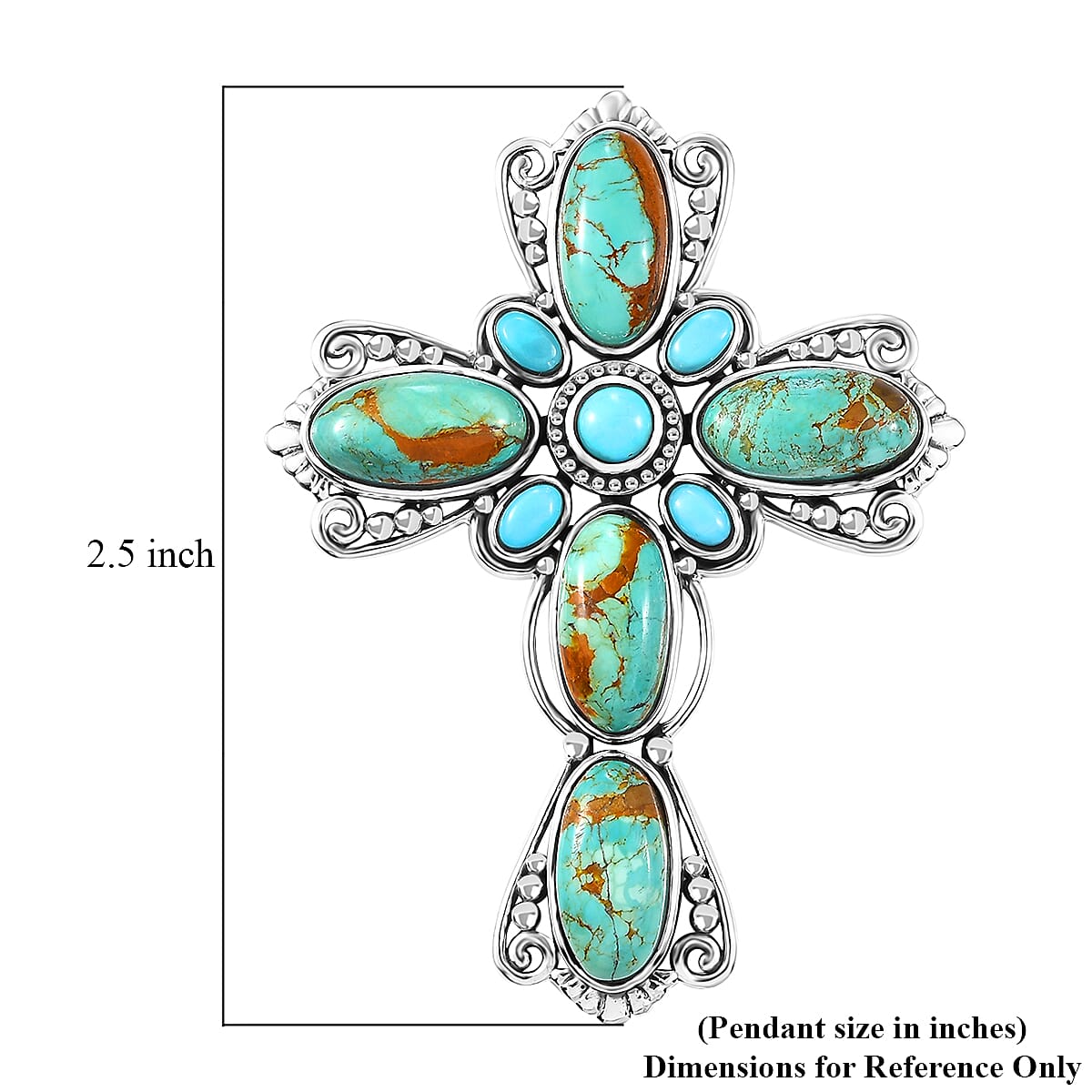 D'Joy Artisan Crafted Royston Turquoise and Sleeping Beauty Turquoise 18.10 ctw Filigree Cross Pendant in Black Oxidized Sterling Silver