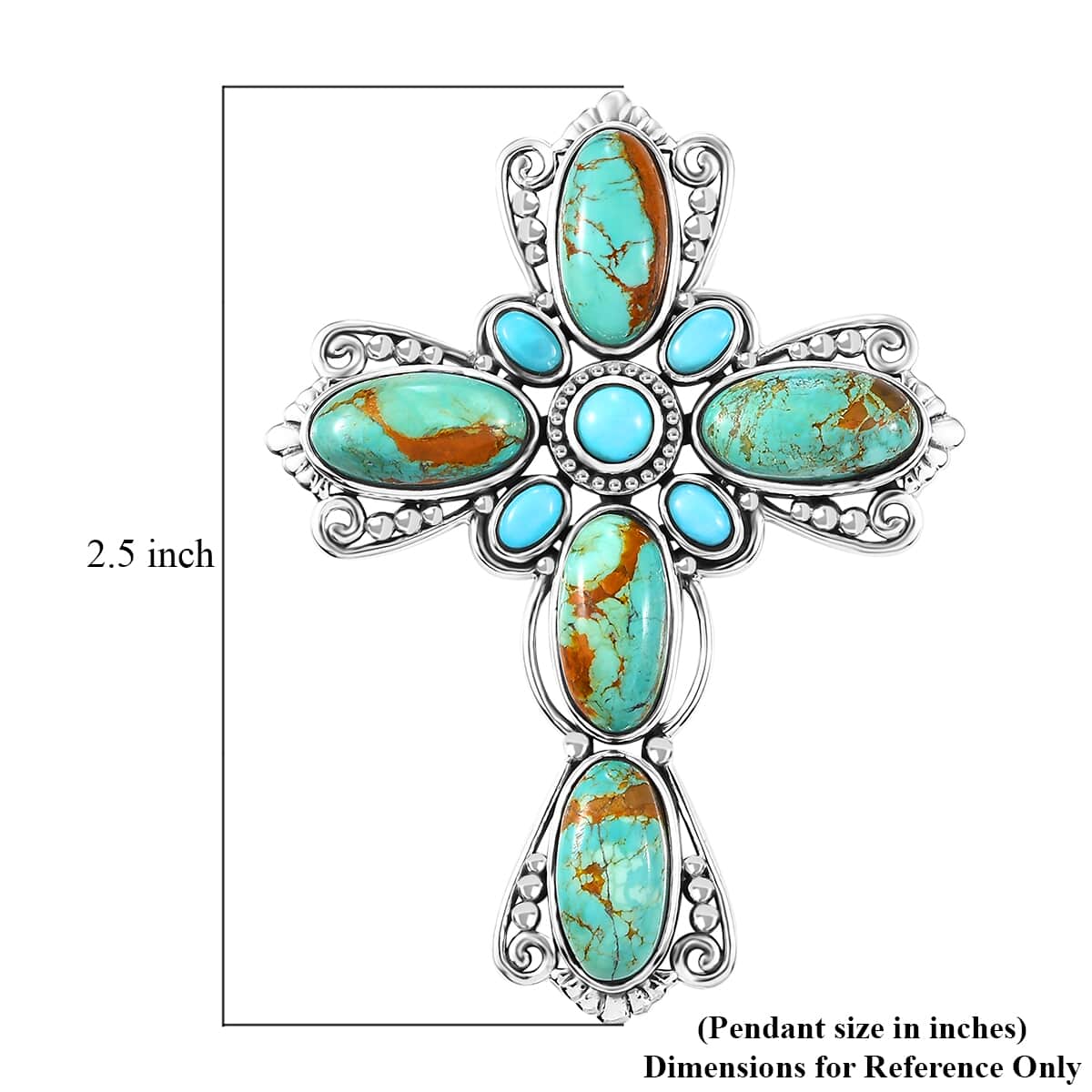 Artisan Crafted Royston Turquoise and Lagoon Turquoise 18.10 ctw Filigree Cross Pendant in Black Oxidized Sterling Silver image number 5