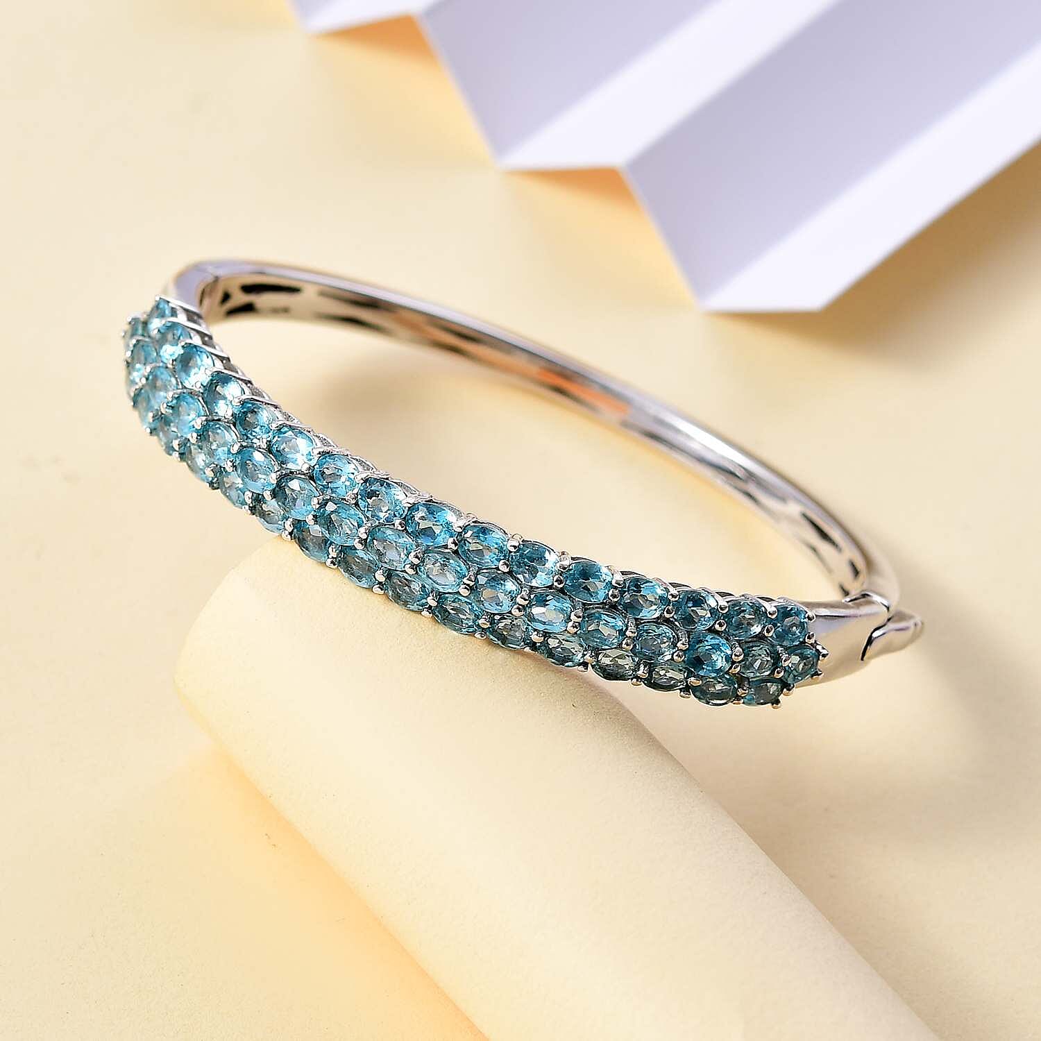 Betroka Blue Apatite Bangle Bracelet in Rhodium Over Sterling Silver (6.50 In) 10.60 ctw