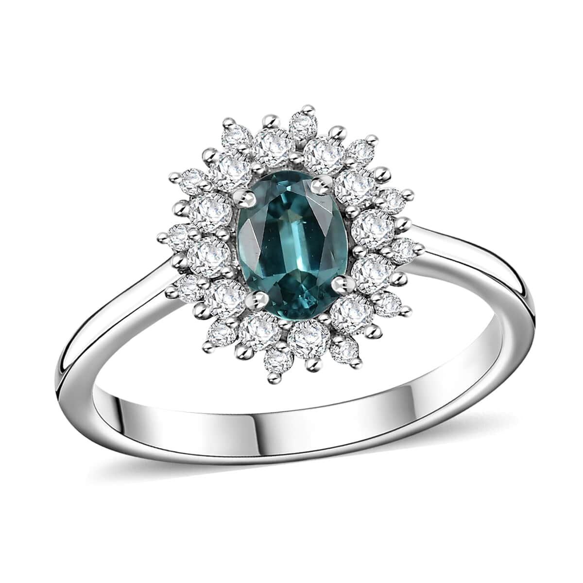 Premium Pirineu Lagoon Tourmaline and Moissanite 0.85 ctw Ocean Dawn Ring in Rhodium Over Sterling Silver (Size 10.0) image number 0