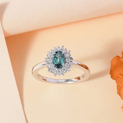 Premium Pirineu Lagoon Tourmaline and Moissanite 0.85 ctw Ocean Dawn Ring in Rhodium Over Sterling Silver (Size 10.0)