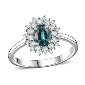 Premium Pirineu Lagoon Tourmaline and Moissanite 0.85 ctw Ocean Dawn Ring in Rhodium Over Sterling Silver (Size 6.0)