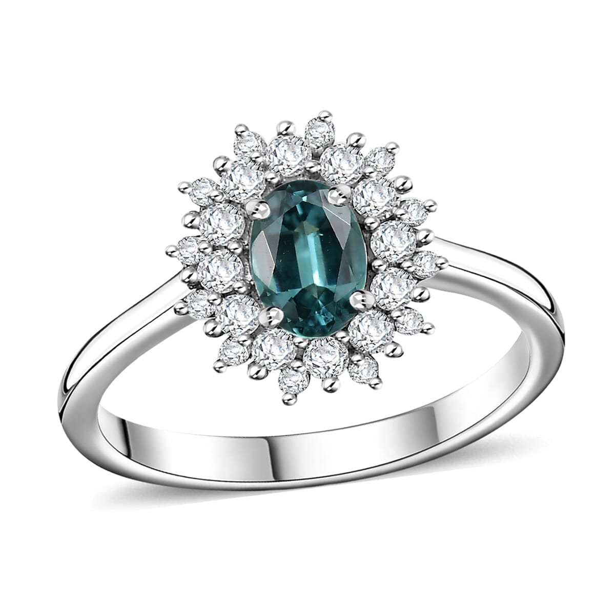Premium Pirineu Lagoon Tourmaline and Moissanite 0.85 ctw Ocean Dawn Ring in Rhodium Over Sterling Silver (Size 8.0) image number 0