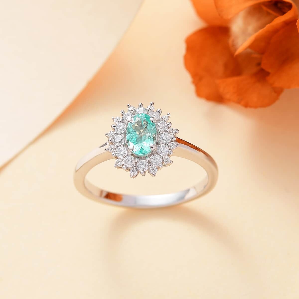 Premium Boyaca Colombian Emerald and Moissanite 0.75 ctw Ocean Dawn Ring in Rhodium Over Sterling Silver (Size 10.0) image number 1