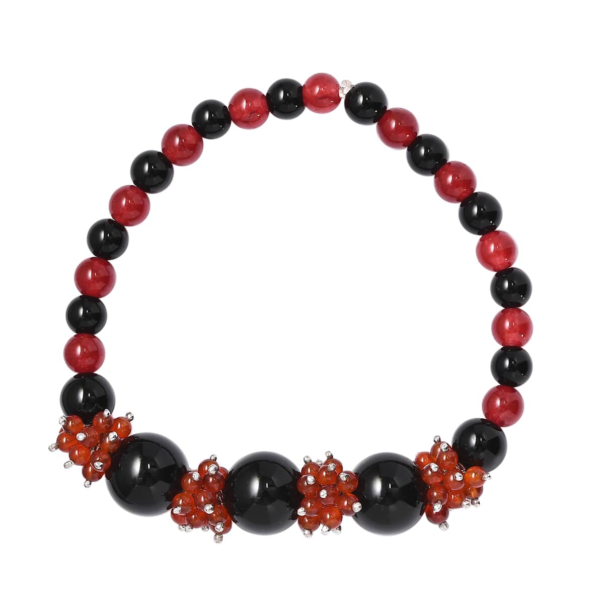 Black Agate and Red Quartzite 180.00 ctw Beaded Bracelet in Rhodium Over Sterling Silver (7.50 In) image number 0