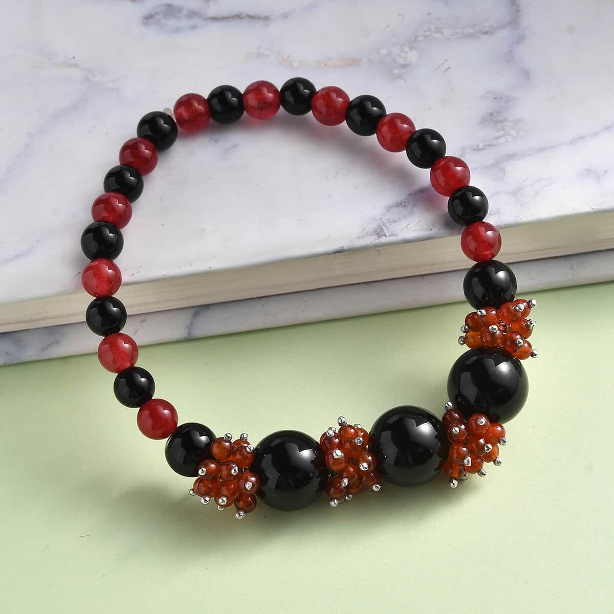 Black Agate and Red Quartzite 180.00 ctw Beaded Bracelet in Rhodium Over Sterling Silver (7.50 In) image number 1