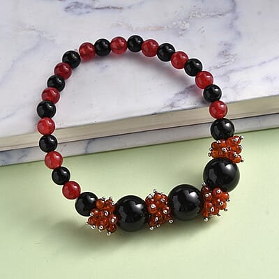 Black Agate and Red Quartzite 180.00 ctw Beaded Bracelet in Rhodium Over Sterling Silver (7.50 In)