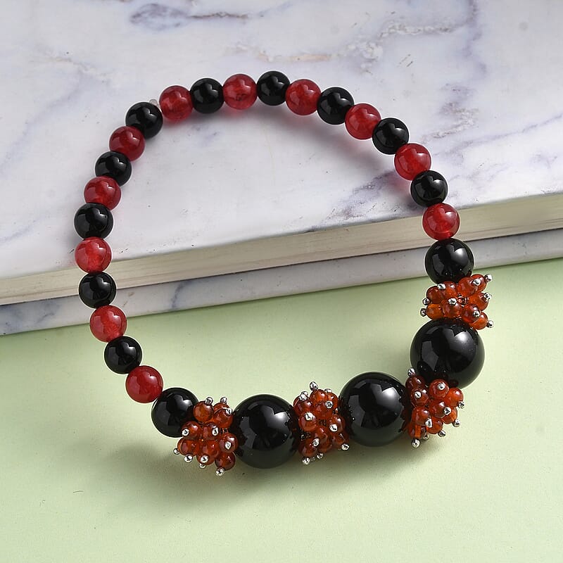 Black Agate and Red Quartzite 180.00 ctw Beaded Bracelet in Rhodium Over Sterling Silver (7.50 In)