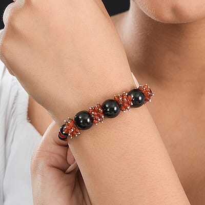 Black Agate and Red Quartzite 180.00 ctw Beaded Bracelet in Rhodium Over Sterling Silver (7.50 In)