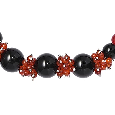 Black Agate and Red Quartzite 180.00 ctw Beaded Bracelet in Rhodium Over Sterling Silver (7.50 In)