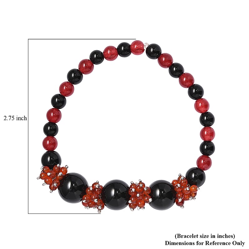 Black Agate and Red Quartzite 180.00 ctw Beaded Bracelet in Rhodium Over Sterling Silver (7.50 In)