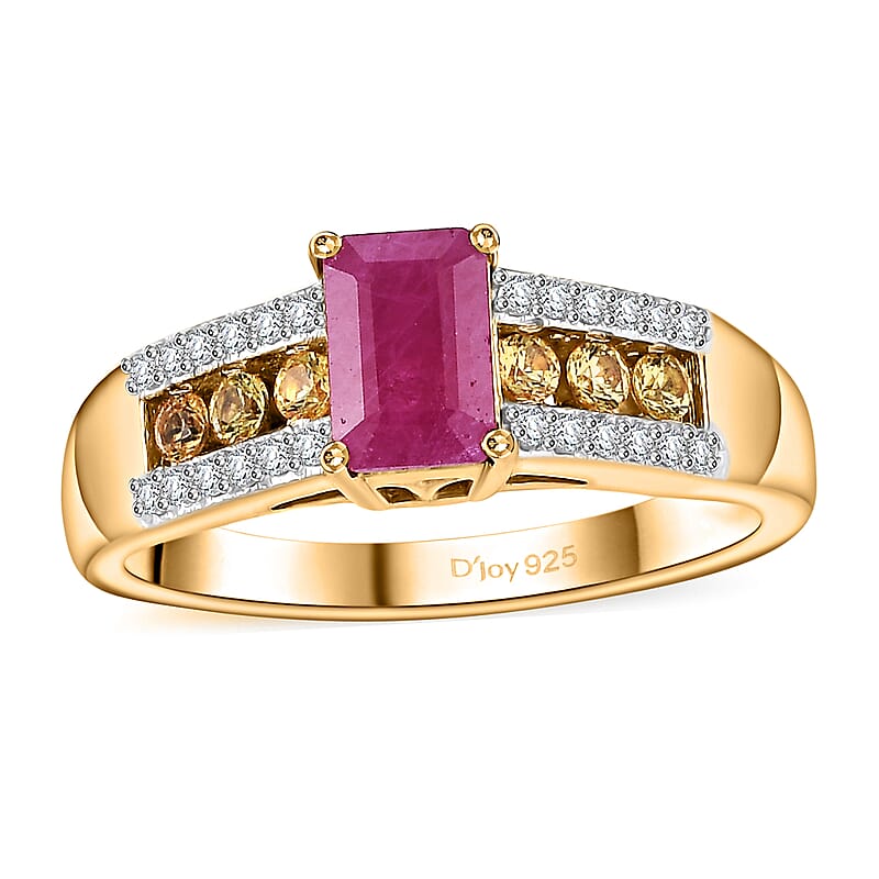 Premium Royal Ruby and Multi Gemstone 1.20 ctw Bridge Ring in 18K Vermeil Yellow Gold Over Sterling Silver (Size 10.0)