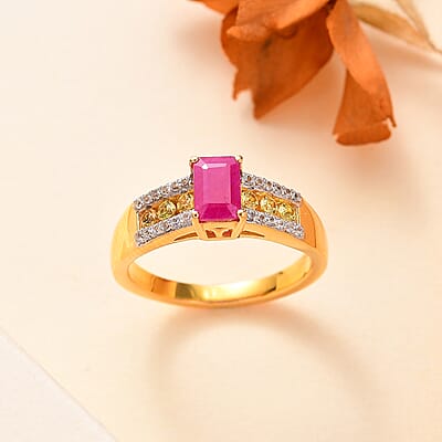Premium Royal Ruby and Multi Gemstone 1.20 ctw Bridge Ring in 18K Vermeil Yellow Gold Over Sterling Silver (Size 10.0)
