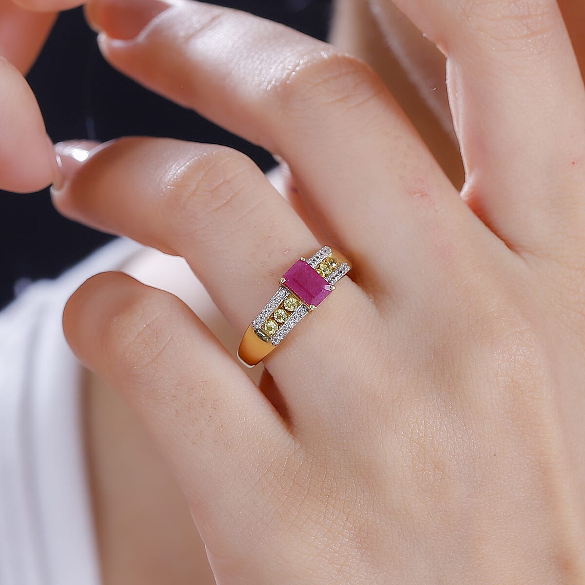 Premium Royal Ruby and Multi Gemstone 1.20 ctw Bridge Ring in 18K Vermeil Yellow Gold Over Sterling Silver (Size 7.0) image number 2