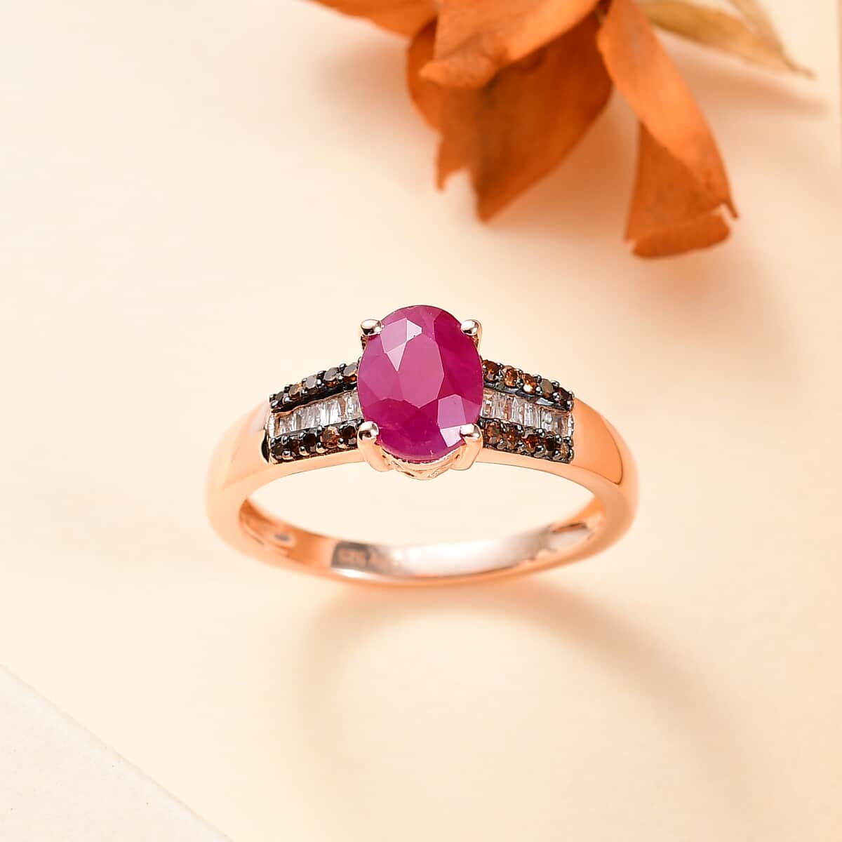 Premium Royal Ruby, Red and White Diamond 1.75 ctw Bridge Ring in 18K Vermeil Rose Gold Over Sterling Silver (Size 10.0) image number 1