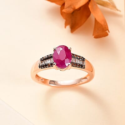 Premium Royal Ruby, Red and White Diamond 1.75 ctw Bridge Ring in 18K Vermeil Rose Gold Over Sterling Silver (Size 10.0)