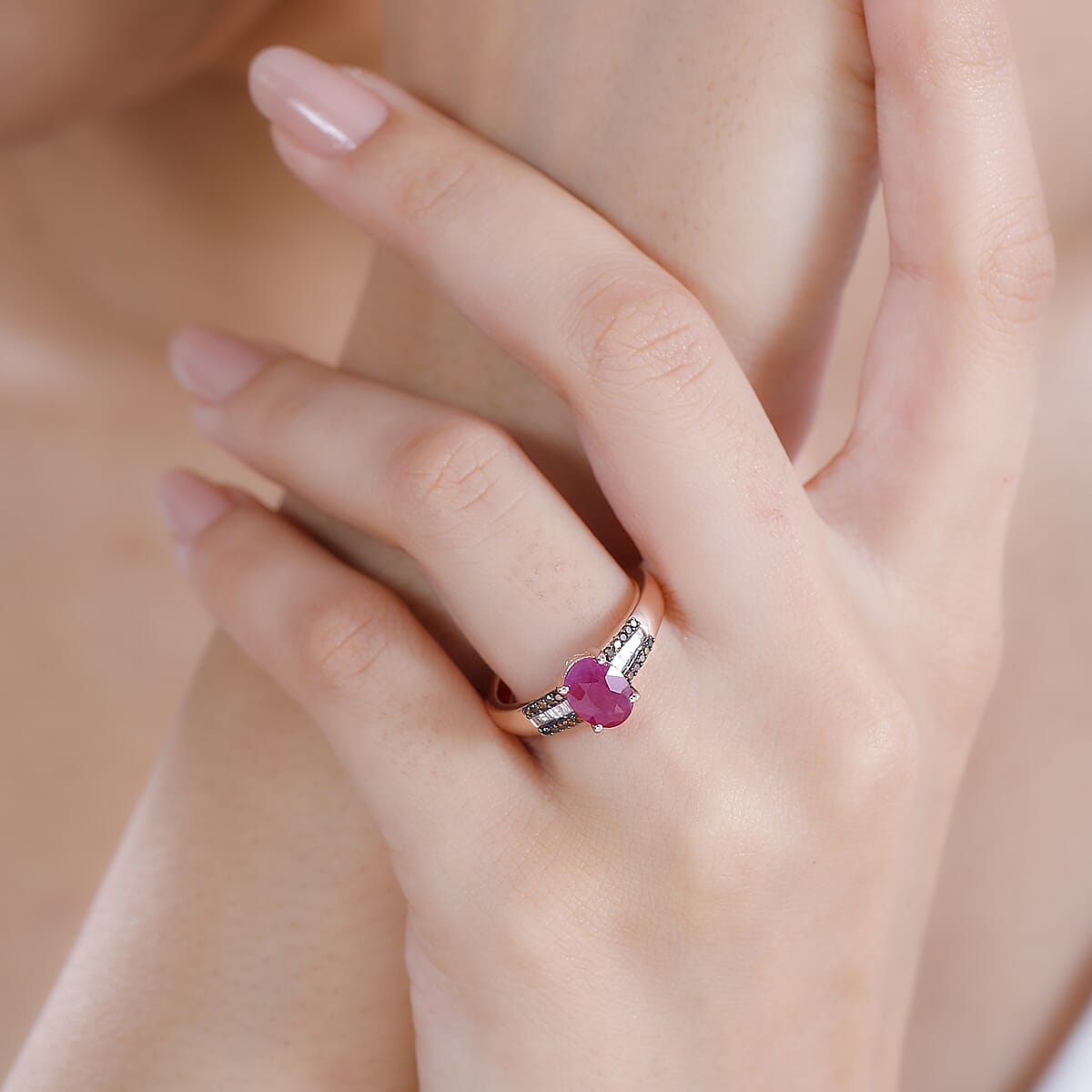 Premium Royal Ruby, Red and White Diamond 1.75 ctw Bridge Ring in 18K Vermeil Rose Gold Over Sterling Silver (Size 6.0) image number 2