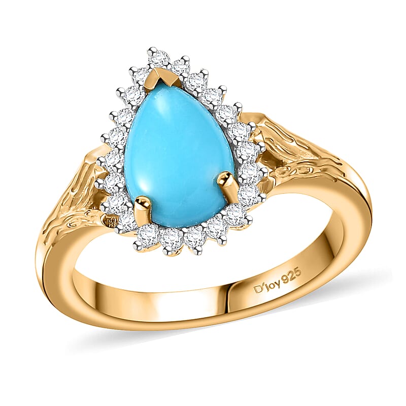 Sleeping Beauty Turquoise and White Zircon 1.35 ctw Wood Texture Halo Ring in 18K Vermeil Yellow Gold Over Sterling Silver (Size 10.0)