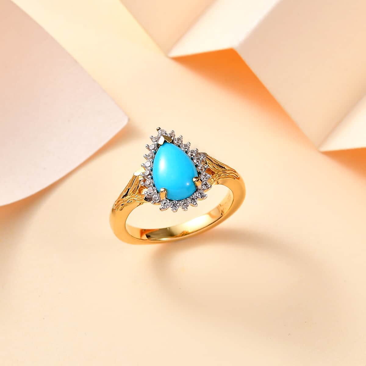 Sleeping Beauty Turquoise and White Zircon 1.35 ctw Wood Texture Halo Ring in 18K Vermeil Yellow Gold Over Sterling Silver (Size 10.0) image number 1