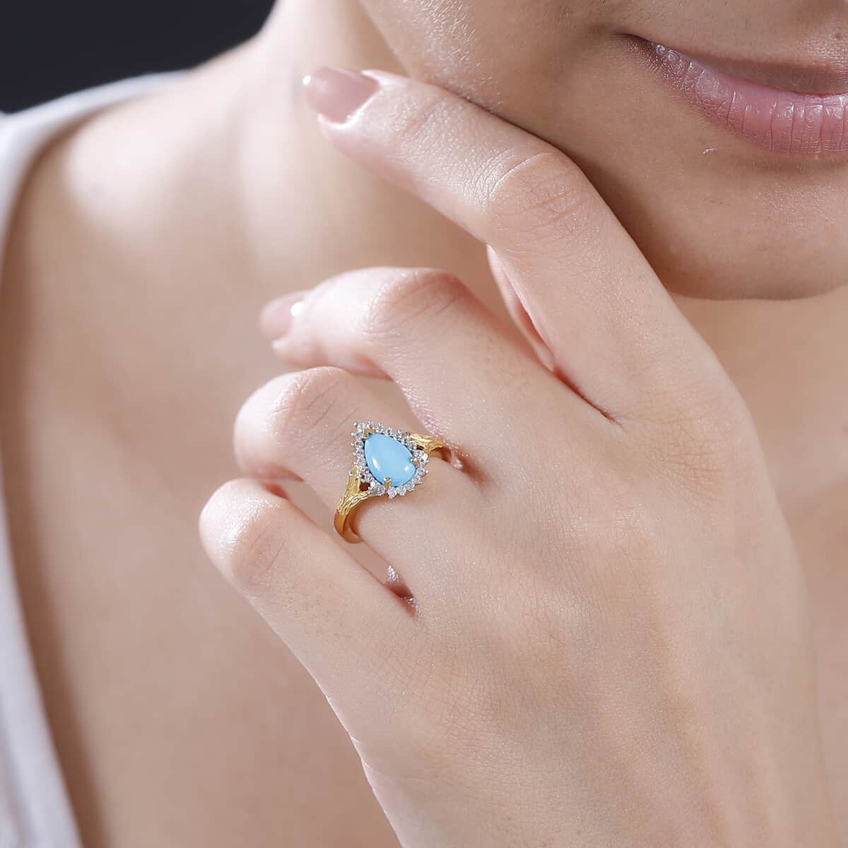 Sleeping Beauty Turquoise and White Zircon 1.35 ctw Wood Texture Halo Ring in 18K Vermeil Yellow Gold Over Sterling Silver (Size 10.0) image number 2