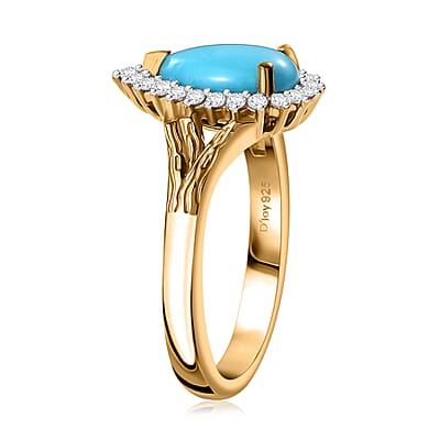 Sleeping Beauty Turquoise and White Zircon 1.35 ctw Wood Texture Halo Ring in 18K Vermeil Yellow Gold Over Sterling Silver (Size 10.0)