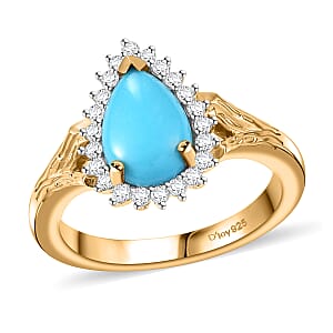 Sleeping Beauty Turquoise and White Zircon 1.35 ctw Wood Texture Halo Ring in 18K Vermeil Yellow Gold Over Sterling Silver (Size 8.0)