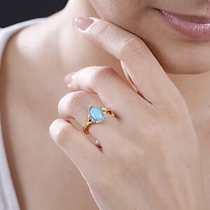Sleeping Beauty Turquoise and White Zircon 1.35 ctw Wood Texture Halo Ring in 18K Vermeil Yellow Gold Over Sterling Silver (Size 8.0)