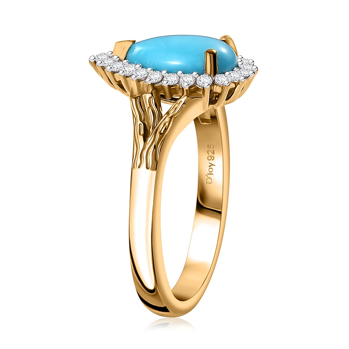 Sleeping Beauty Turquoise and White Zircon 1.35 ctw Wood Texture Halo Ring in 18K Vermeil Yellow Gold Over Sterling Silver (Size 8.0) image number 3