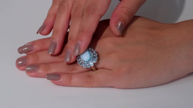 Premium Larimar, Sky Blue Topaz Cocktail Ring in Rhodium Over Sterling Silver (Size 10.0) 9.70 ctw