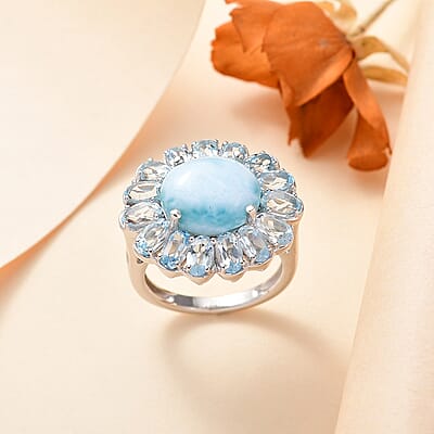 Premium Larimar and Sky Blue Topaz 9.70 ctw Blooming Flower Ring in Rhodium Over Sterling Silver (Size 10.0)