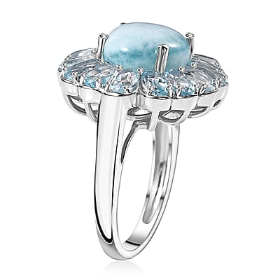 Premium Larimar and Sky Blue Topaz 9.70 ctw Blooming Flower Ring in Rhodium Over Sterling Silver (Size 10.0)