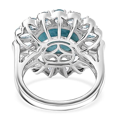 Premium Larimar and Sky Blue Topaz 9.70 ctw Blooming Flower Ring in Rhodium Over Sterling Silver (Size 10.0)