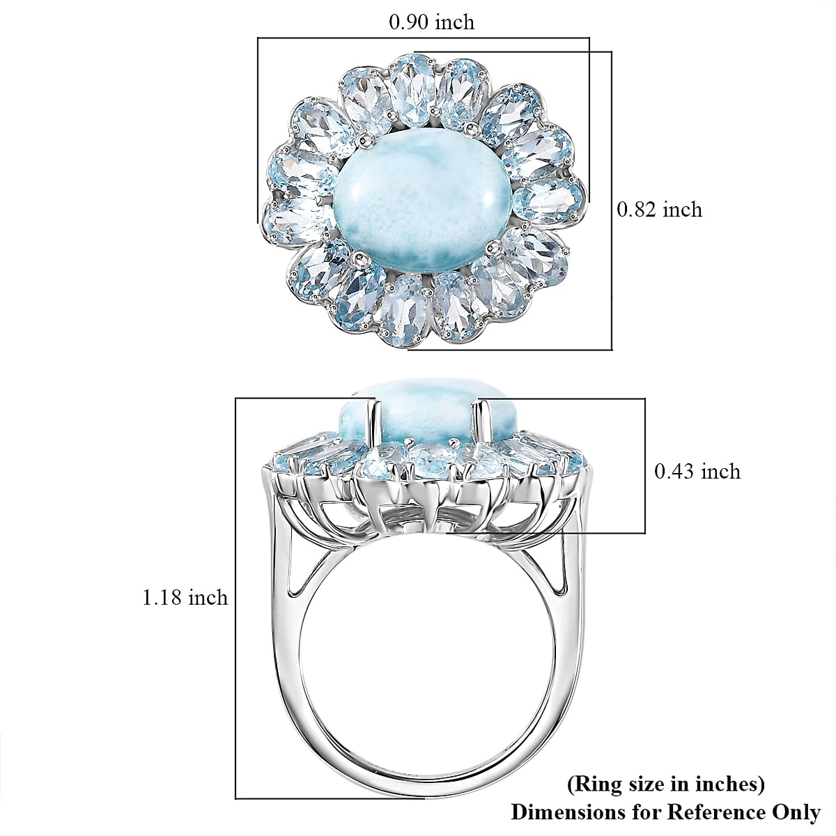 Premium Larimar and Sky Blue Topaz 9.70 ctw Blooming Flower Ring in Rhodium Over Sterling Silver (Size 10.0)