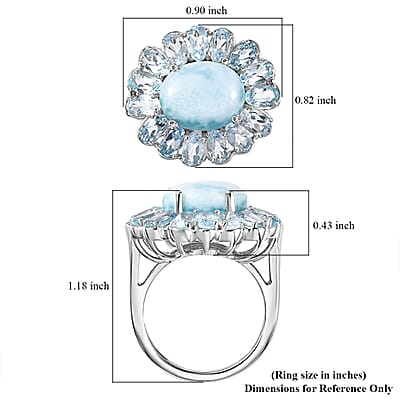 Premium Larimar and Sky Blue Topaz 9.70 ctw Blooming Flower Ring in Rhodium Over Sterling Silver (Size 10.0)