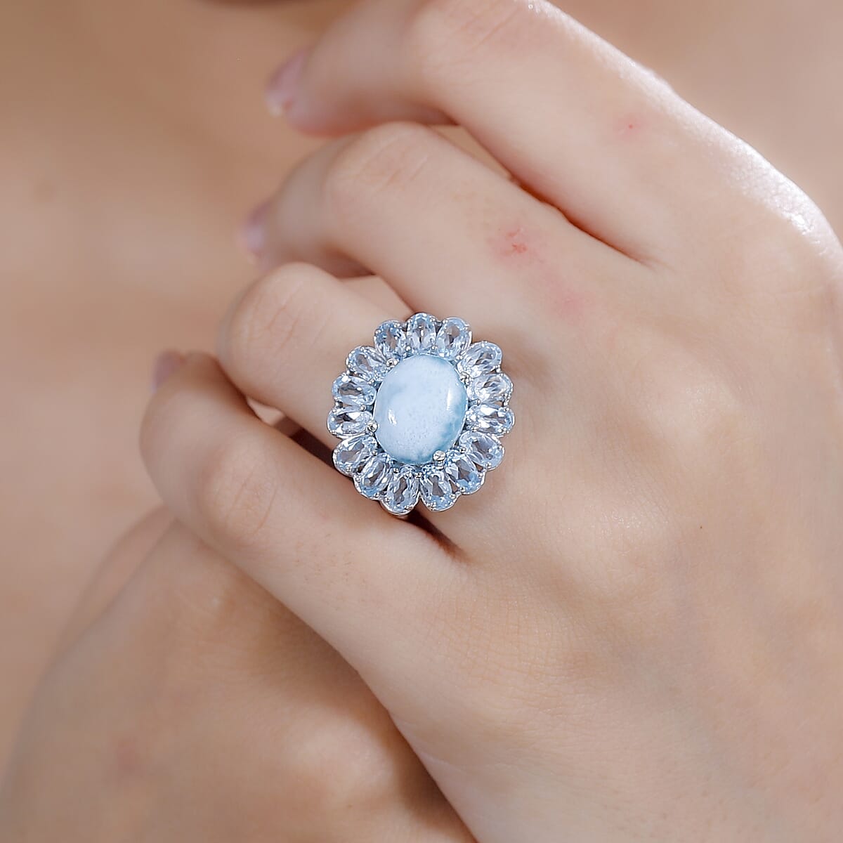 Premium Larimar and Sky Blue Topaz 9.70 ctw Blooming Flower Ring in Rhodium Over Sterling Silver (Size 6.0) image number 2