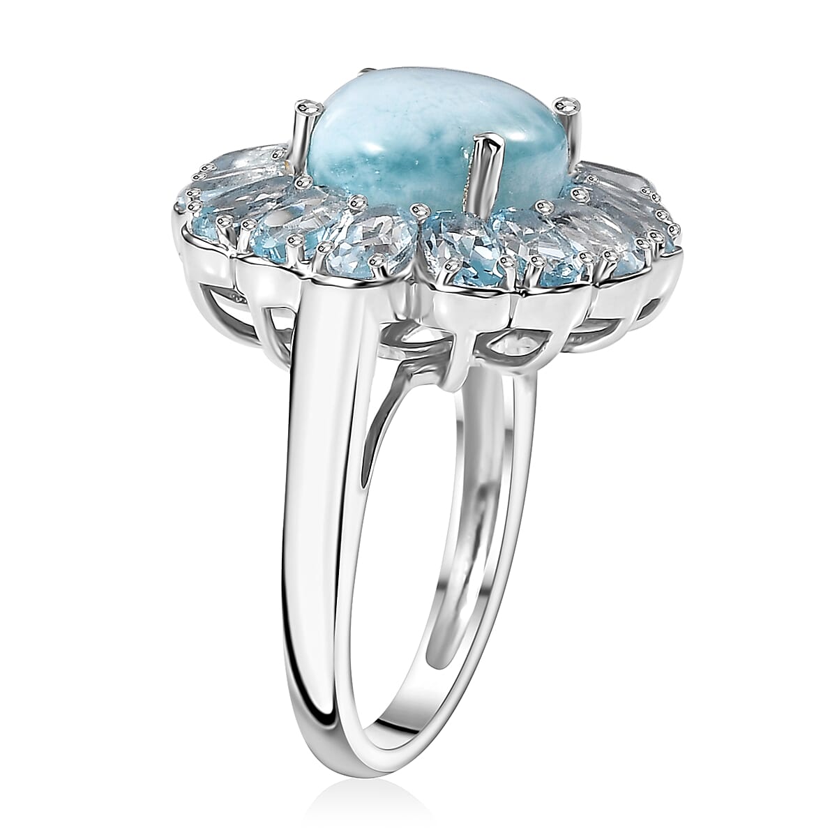 Premium Larimar and Sky Blue Topaz 9.70 ctw Blooming Flower Ring in Rhodium Over Sterling Silver (Size 6.0) image number 3