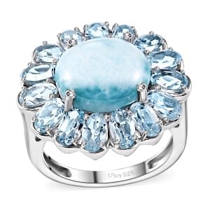 Premium Larimar and Sky Blue Topaz 9.70 ctw Blooming Flower Ring in Rhodium Over Sterling Silver (Size 7.0)