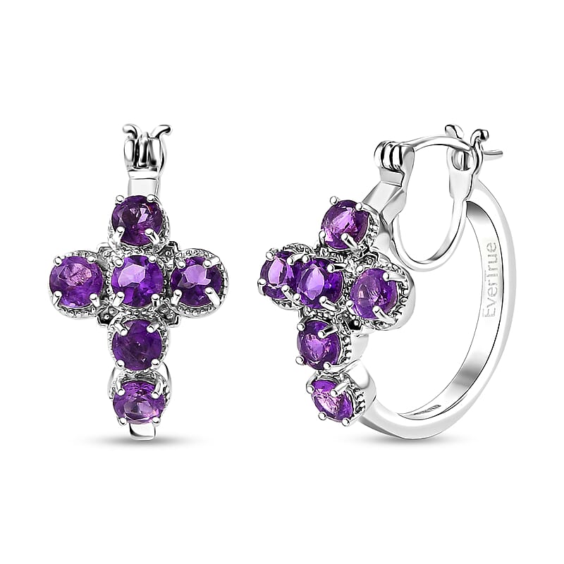 EverTrue African Amethyst 2.70 ctw Cross Earrings in Platinum Bond