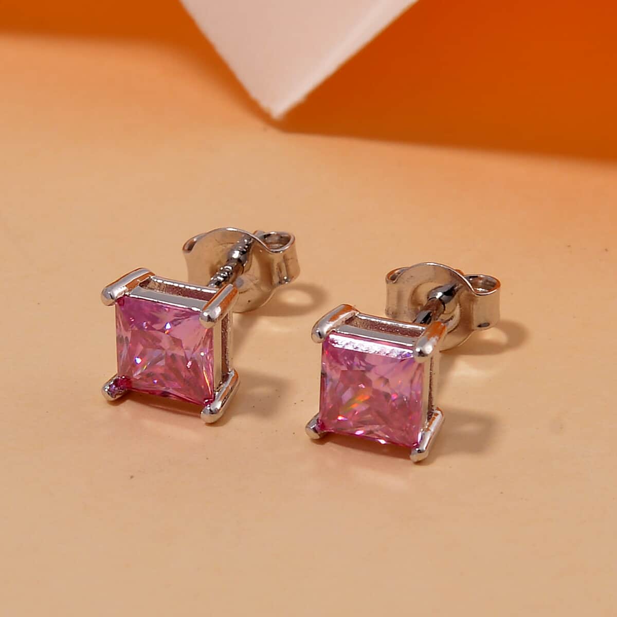 Lotus Pink Moissanite 1.70 ctw Solitaire Stud Earrings in Rhodium Over Sterling Silver image number 1