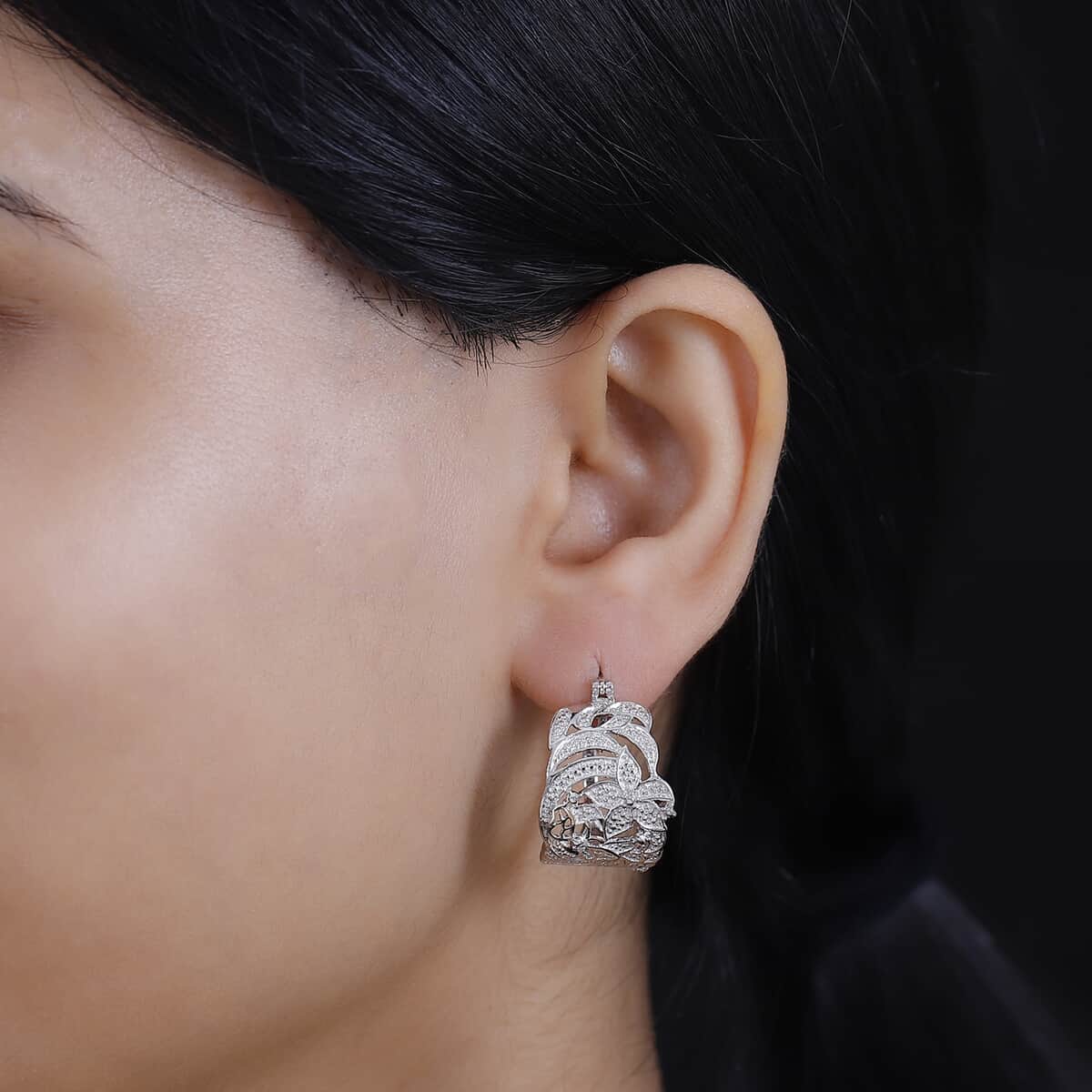 Karis White Diamond Accent Hoop Earrings in Platinum Bond image number 2