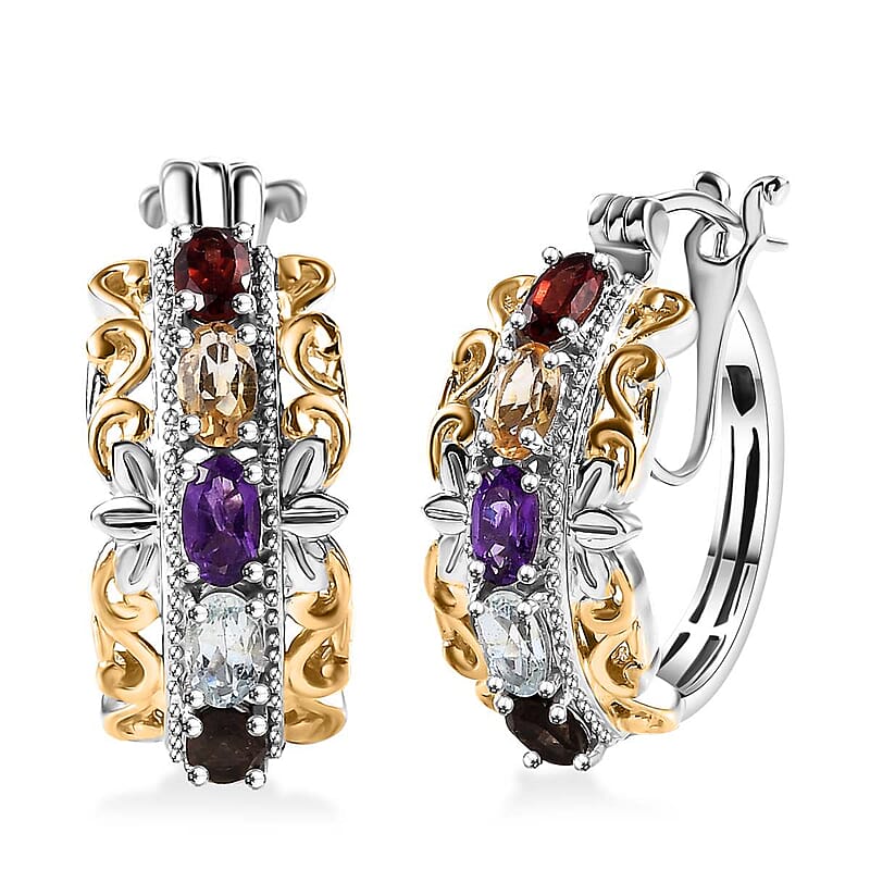 EverTrue Multi Gemstone 2.25 ctw Hoop Earrings in 18K Yellow Gold Plated and Platinum Bond