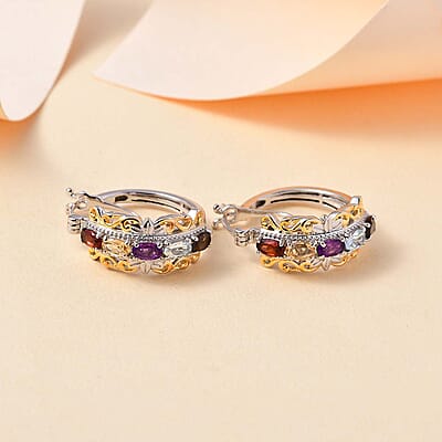 EverTrue Multi Gemstone 2.25 ctw Hoop Earrings in 18K Yellow Gold Plated and Platinum Bond