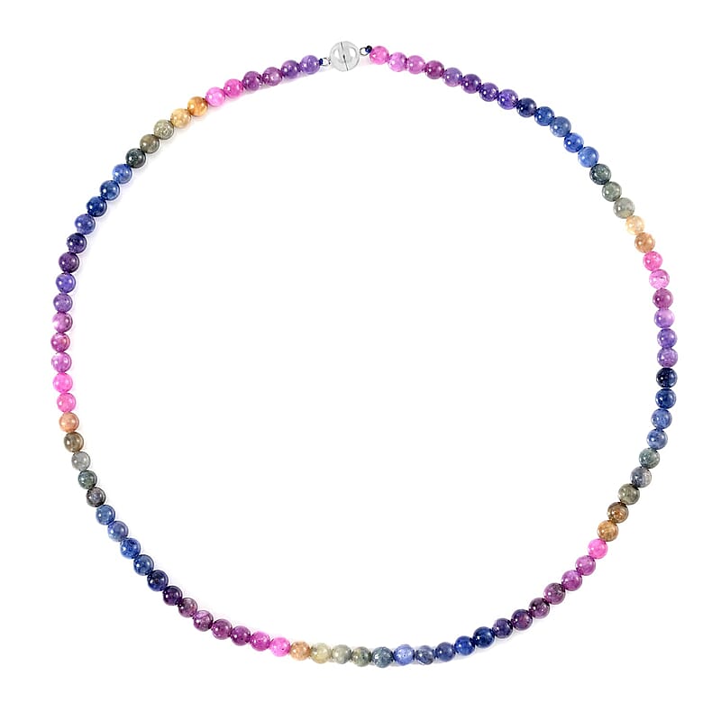 Multi Sapphire 169.20 ctw Beaded Necklace in Rhodium Over Sterling Silver 20 Inches