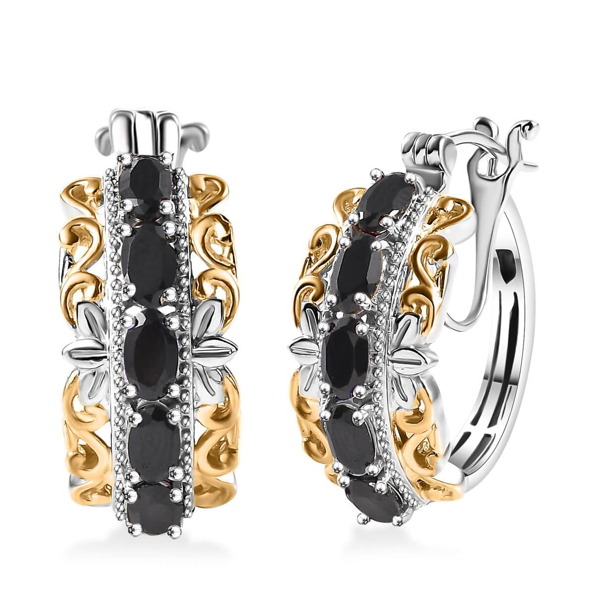 Karis Thai Black Spinel 2.85 ctw Hoop Earrings in 18K YG Plated and Platinum Bond image number 0