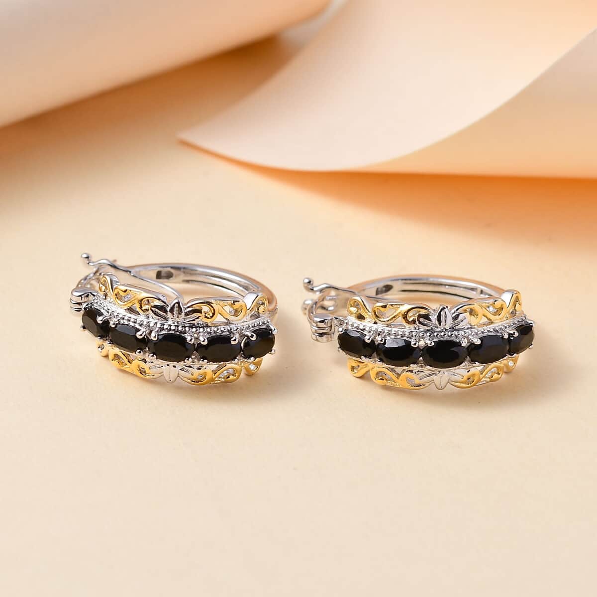 Karis Thai Black Spinel 2.85 ctw Hoop Earrings in 18K YG Plated and Platinum Bond image number 1