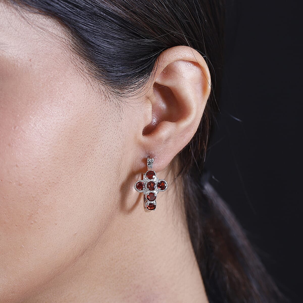 EverTrue Mozambique Garnet 3.15 ctw Cross Earrings in Platinum Bond image number 2